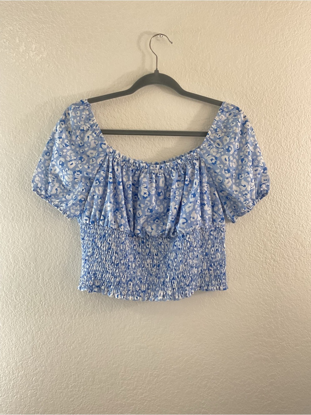 Sage The Label Blue Abstract Puff Off-Shoulder Crop Resortwear Cottage Festival